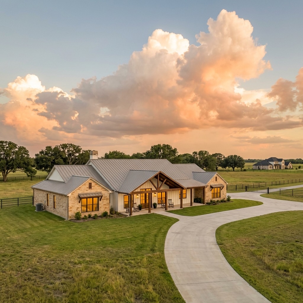 Home with acreage at dusk in Hockley, Texas