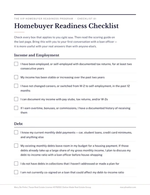 First page of the Homebuyer Readiness Checklist, showing the income and debt questions