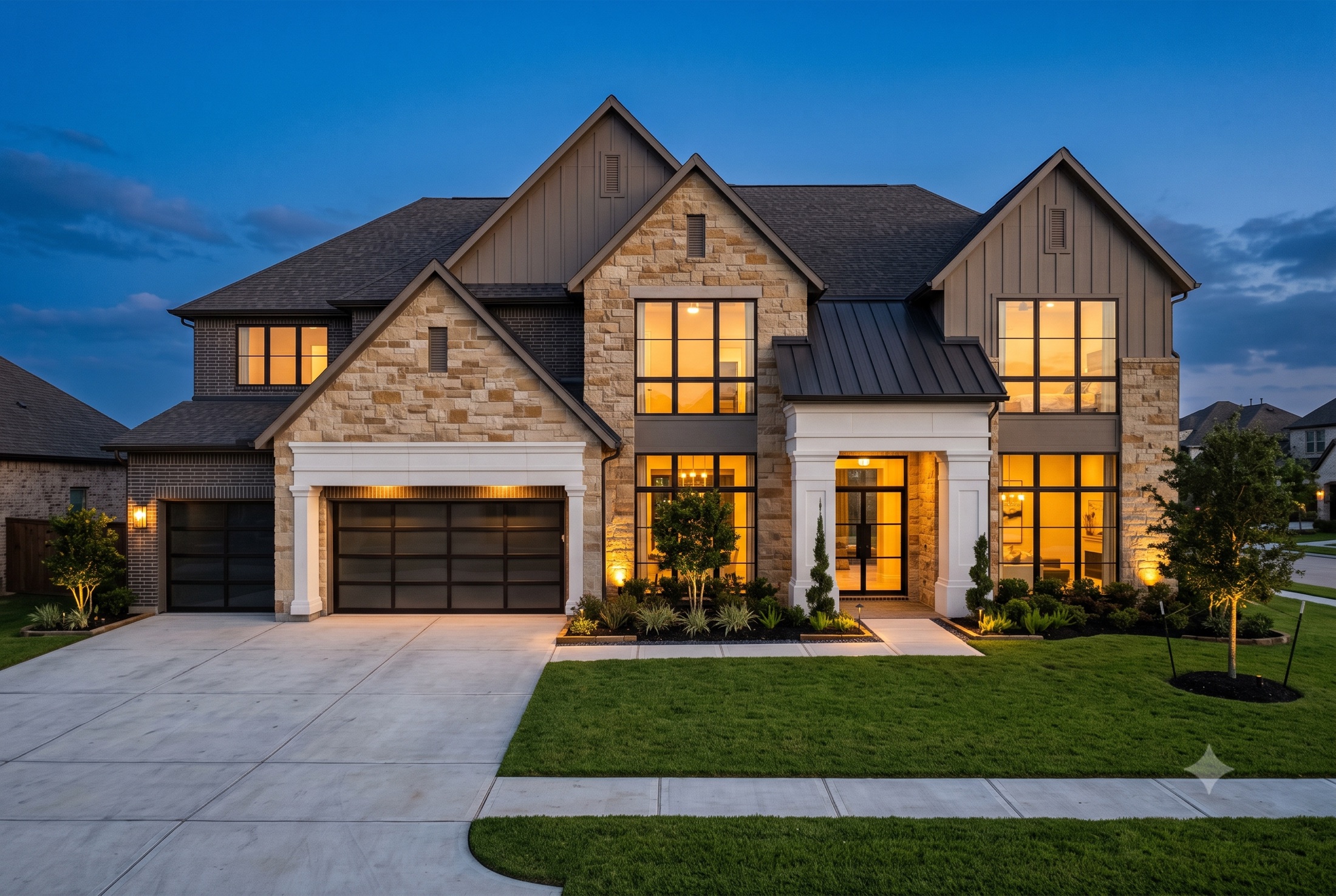 New construction home glowing at twilight in a Katy, Texas neighborhood