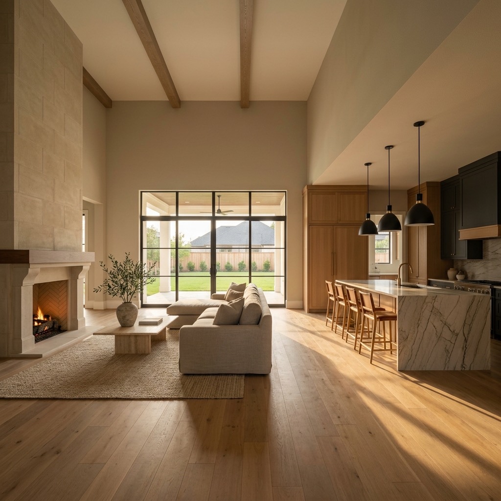 Interior of a newly built home with warm evening light